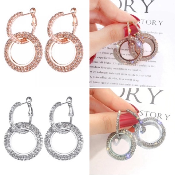 NEW Circle Sparkly Rhinestone Dangle Earrings, Silver or Rose Gold - STUNNING! - Picture 10 of 10